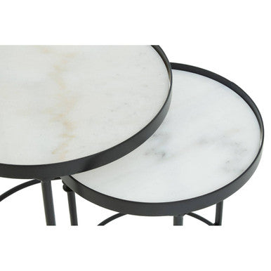 White Marble and Black Finish Set of 2 Round Side Tables