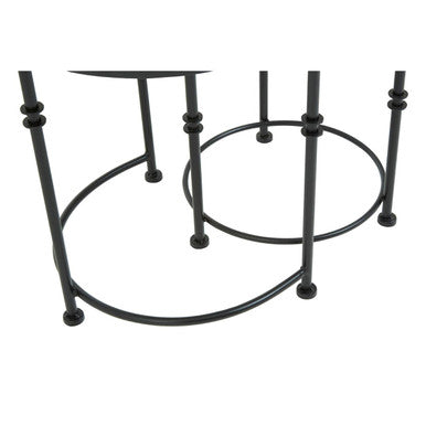White Marble and Black Finish Set of 2 Round Side Tables