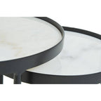 White Marble and Black Finish Set of 2 Round Side Tables