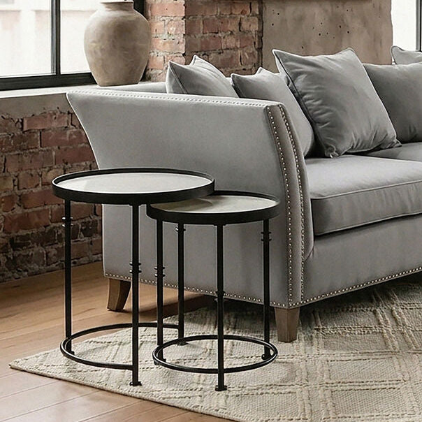 White Marble and Black Finish Set of 2 Round Side Tables