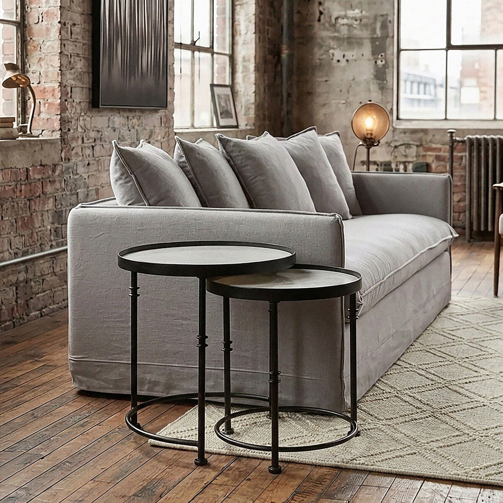 White Marble and Black Finish Set of 2 Round Side Tables
