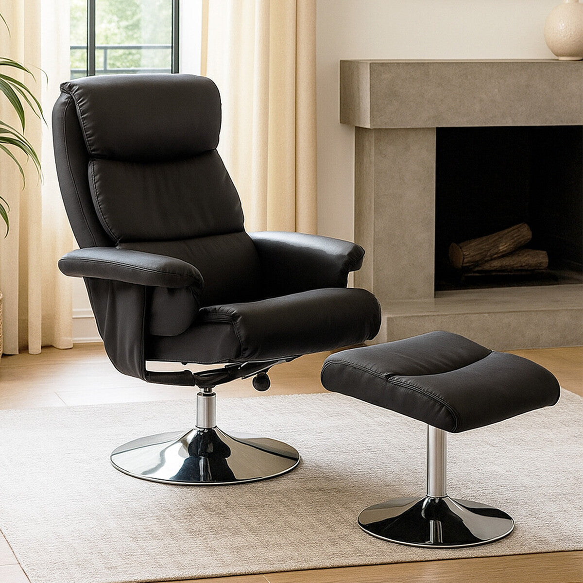 Black Leather Effect Recliner Chair with Footstool