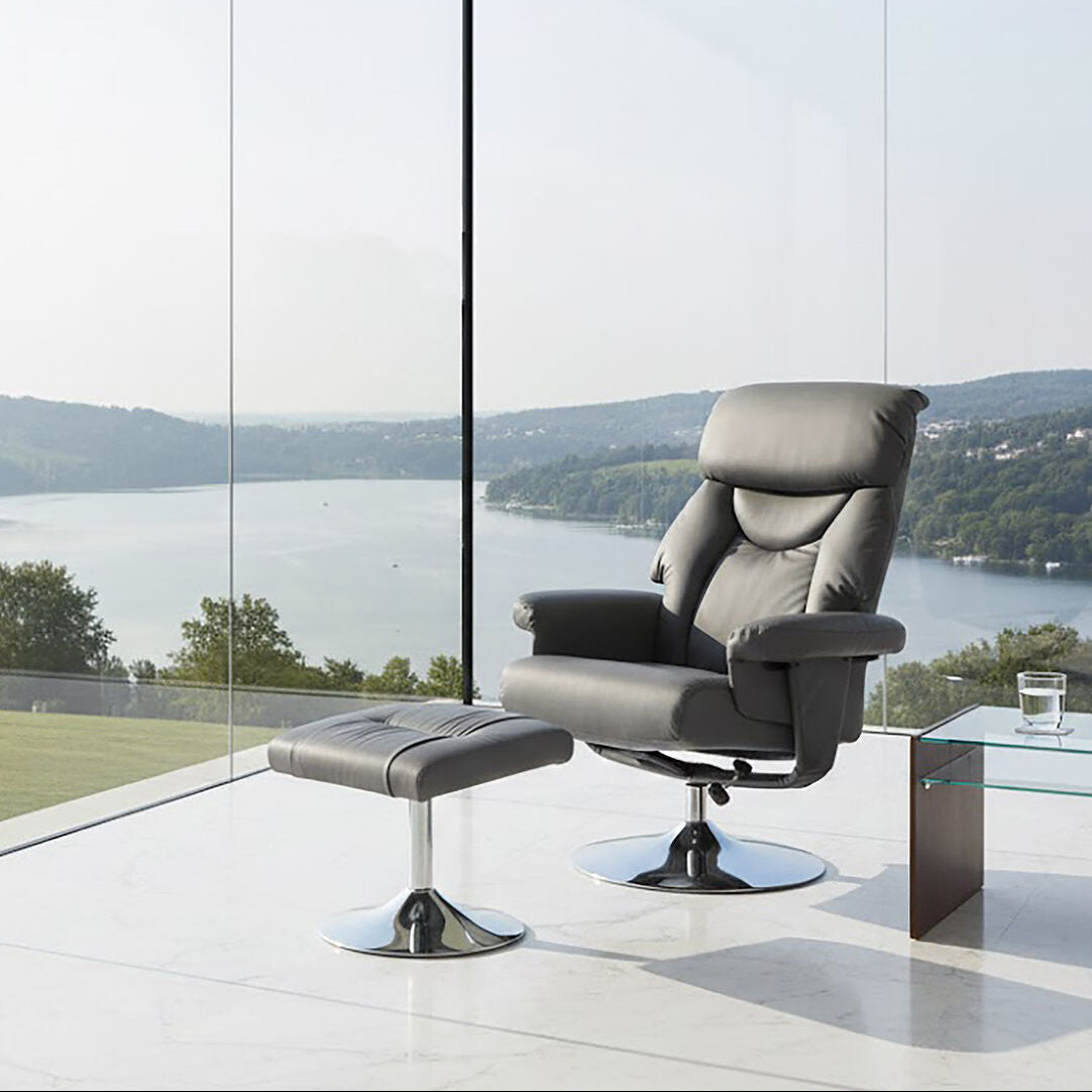 Grey Leather Effect Recliner Chair with Footstool