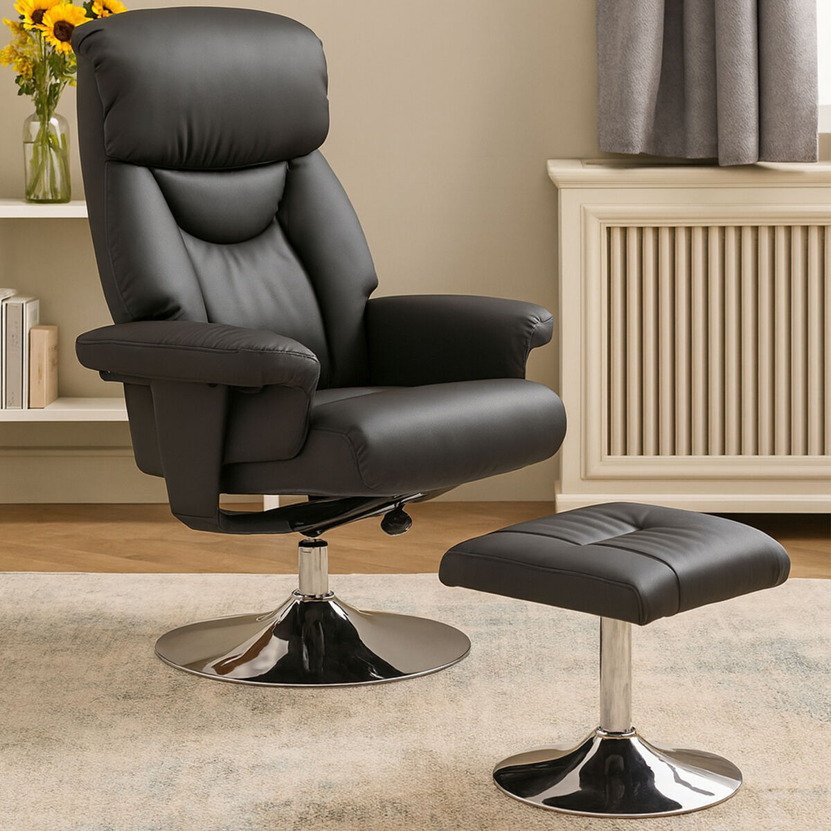 Black Leather Effect Reclining Chair and Footstool