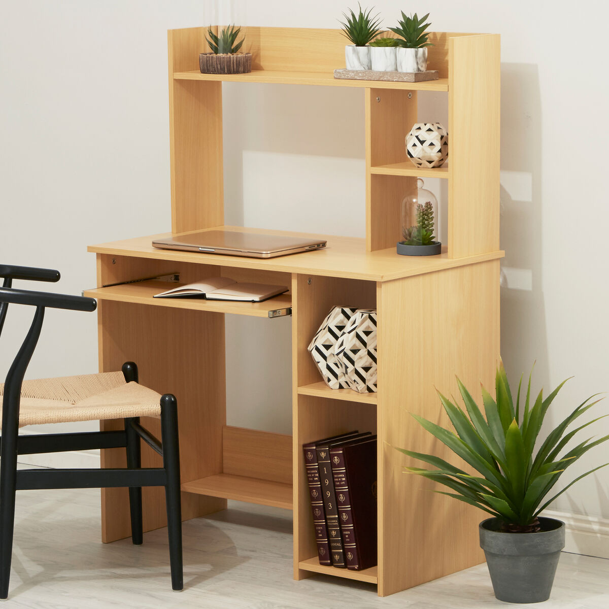 Natural Wooden Home Office Desk with Shelves