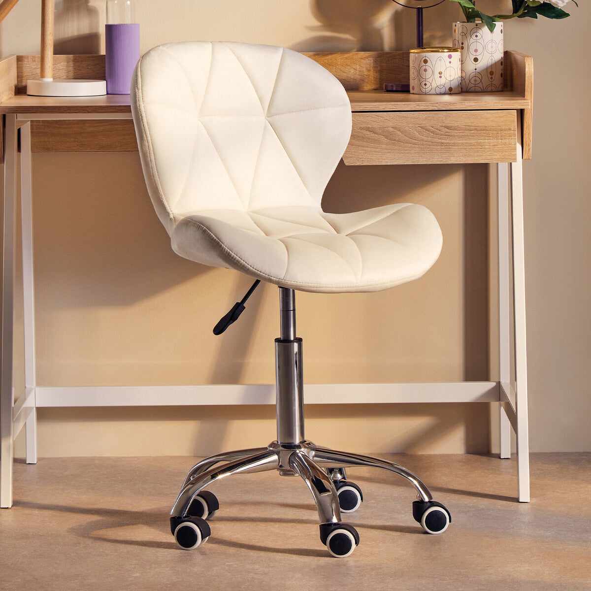 White Velvet Quilted Home Office Chair