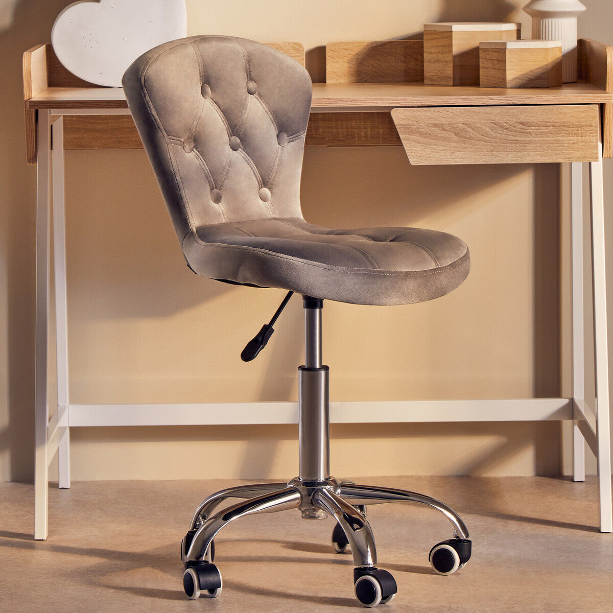 Grey Velvet Buttoned Home Office Chair