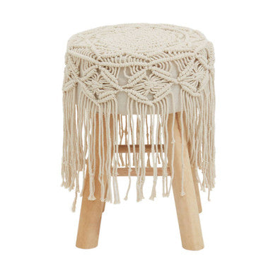 Village Cream Woven Stool with Wood Legs