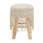Village Cream Woven Stool with Wood Legs