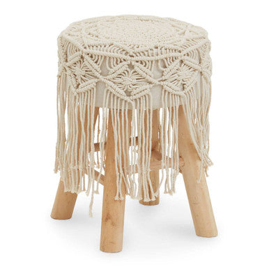 Village Cream Woven Stool with Wood Legs