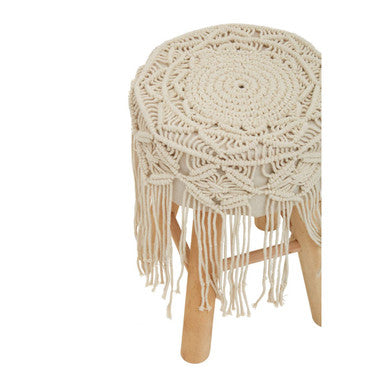 Village Cream Woven Stool with Wood Legs