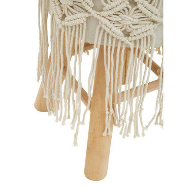 Village Cream Woven Stool with Wood Legs