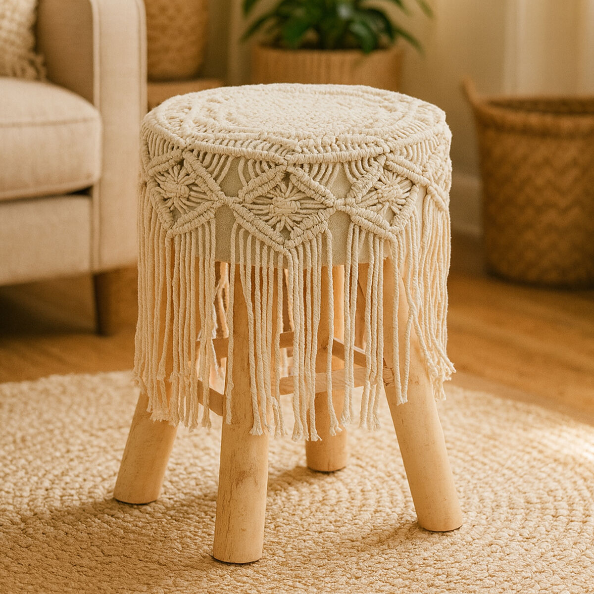 Village Cream Woven Stool with Wood Legs