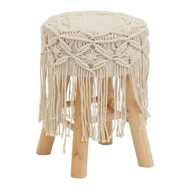 Village Cream Woven Stool with Wood Legs