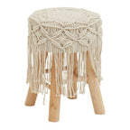 Village Cream Woven Stool with Wood Legs