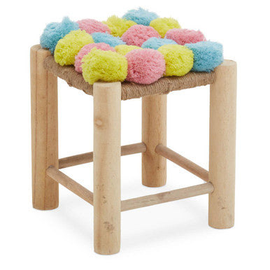 Village Blue and Yellow Pom Pom Wooden Stool