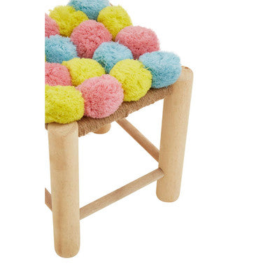 Village Blue and Yellow Pom Pom Wooden Stool
