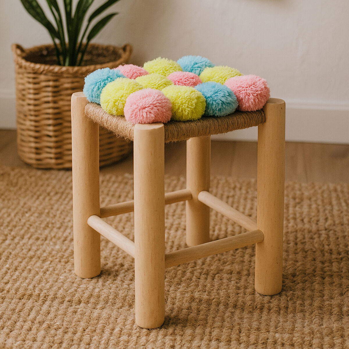 Village Blue and Yellow Pom Pom Wooden Stool