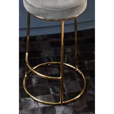 Grey Velvet and Gold Finish Tall Bar Stool