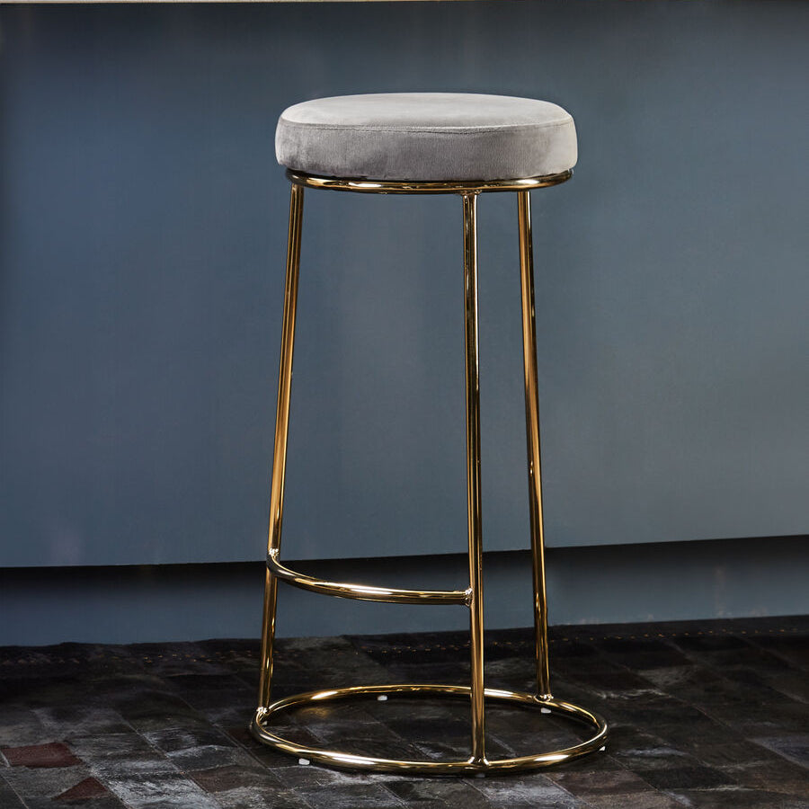Grey Velvet and Gold Finish Tall Bar Stool