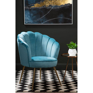 Aqua Blue Velvet Chair with Scalloped Back