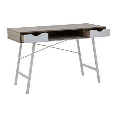 Light Oak Veneer and White 2 Drawer Desk with Metal Frame