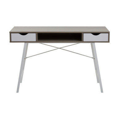 Light Oak Veneer and White 2 Drawer Desk with Metal Frame