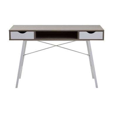 Light Oak Veneer and White 2 Drawer Desk with Metal Frame