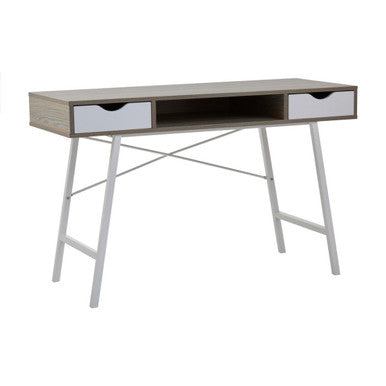 Light Oak Veneer and White 2 Drawer Desk with Metal Frame
