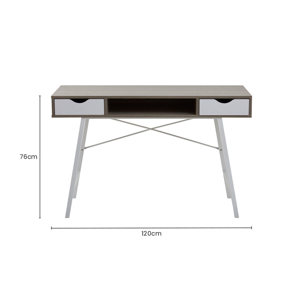 Light Oak Veneer and White 2 Drawer Desk with Metal Frame