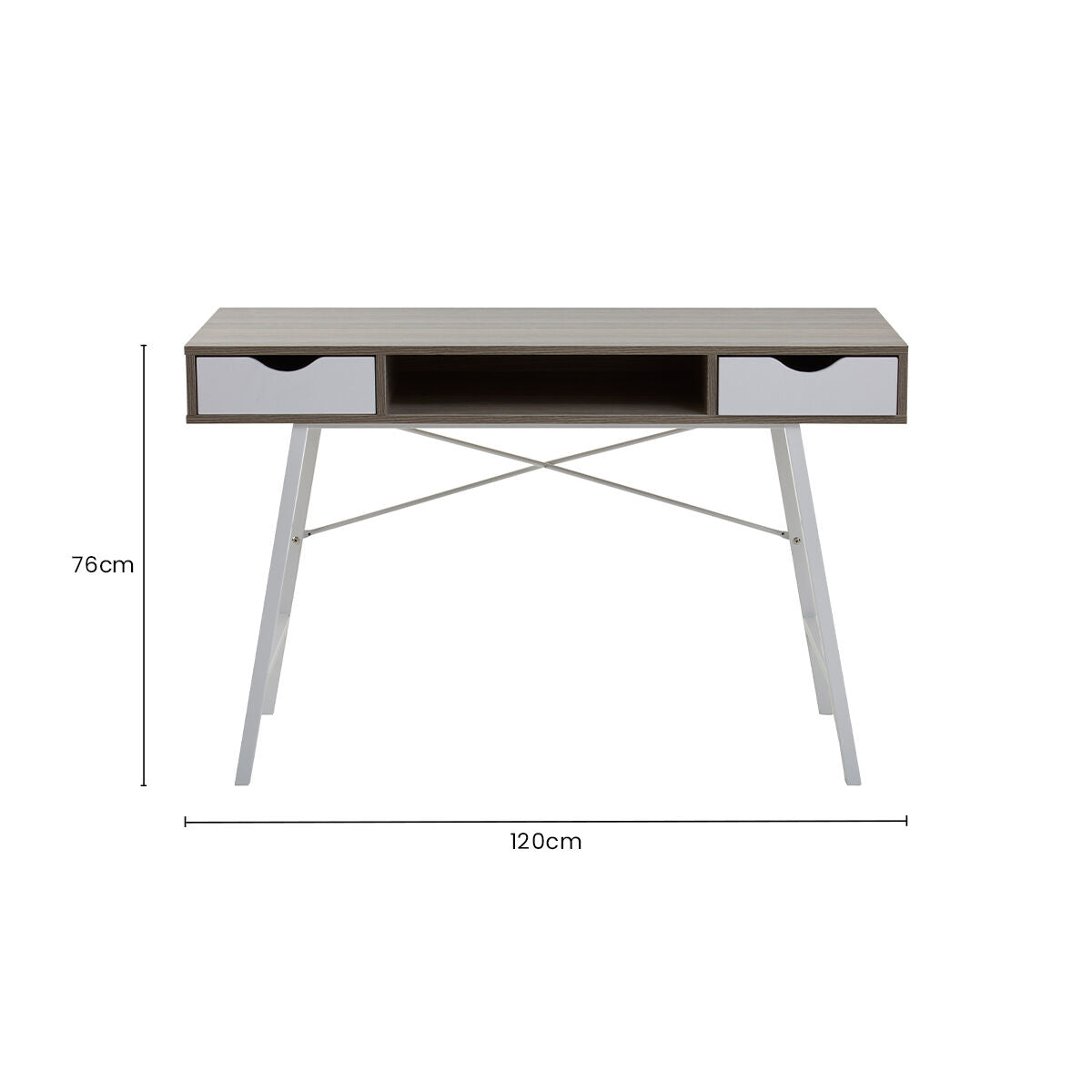Light Oak Veneer and White 2 Drawer Desk with Metal Frame
