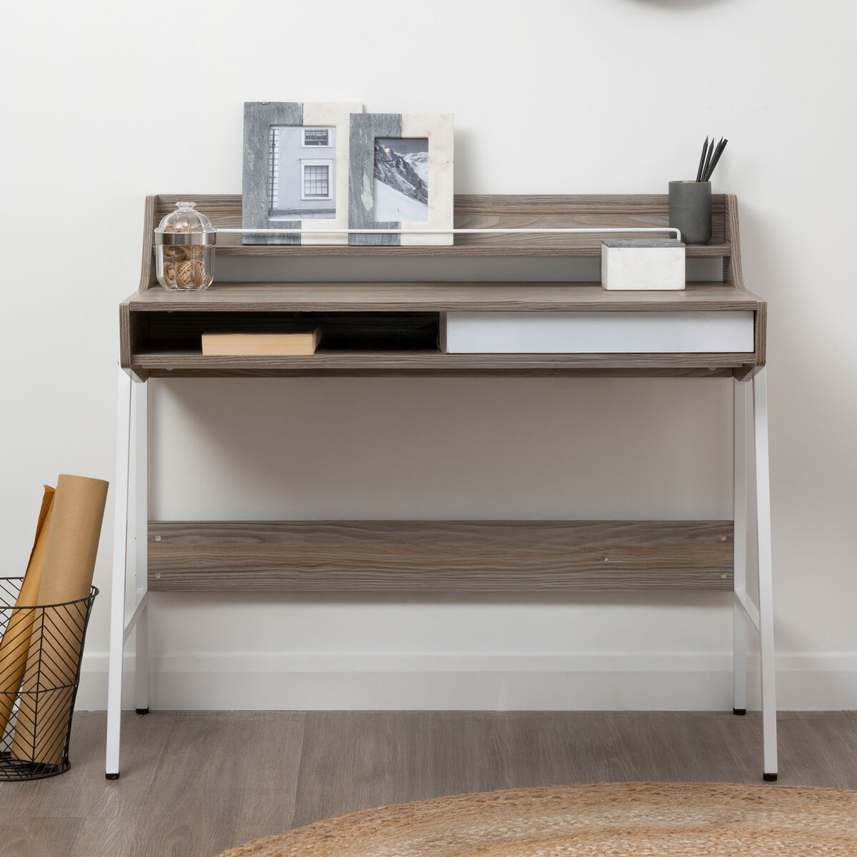 Light Oak Veneer Desk with Drawer and Shelf