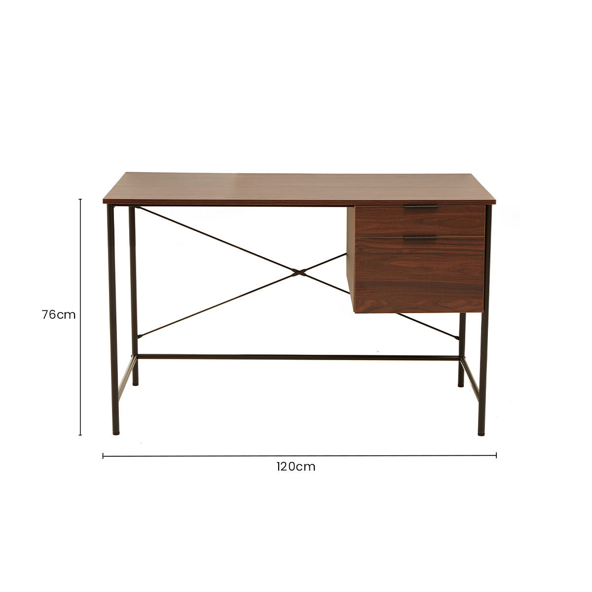 Dark Walnut Veneer 2 Drawer Desk with Metal Frame