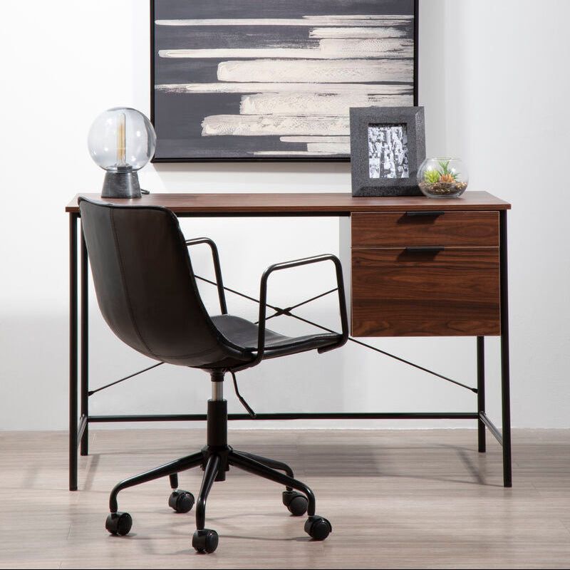 Dark Walnut Veneer 2 Drawer Desk with Metal Frame