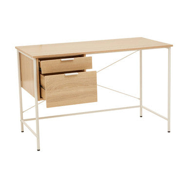 Natural Oak Veneer 2 Drawer Desk with Metal Frame