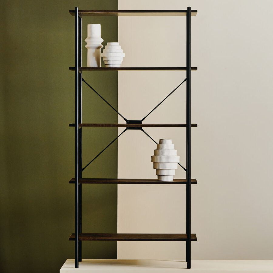 Dark Oak Veneer 5 Tier Shelf Unit with Metal Frame