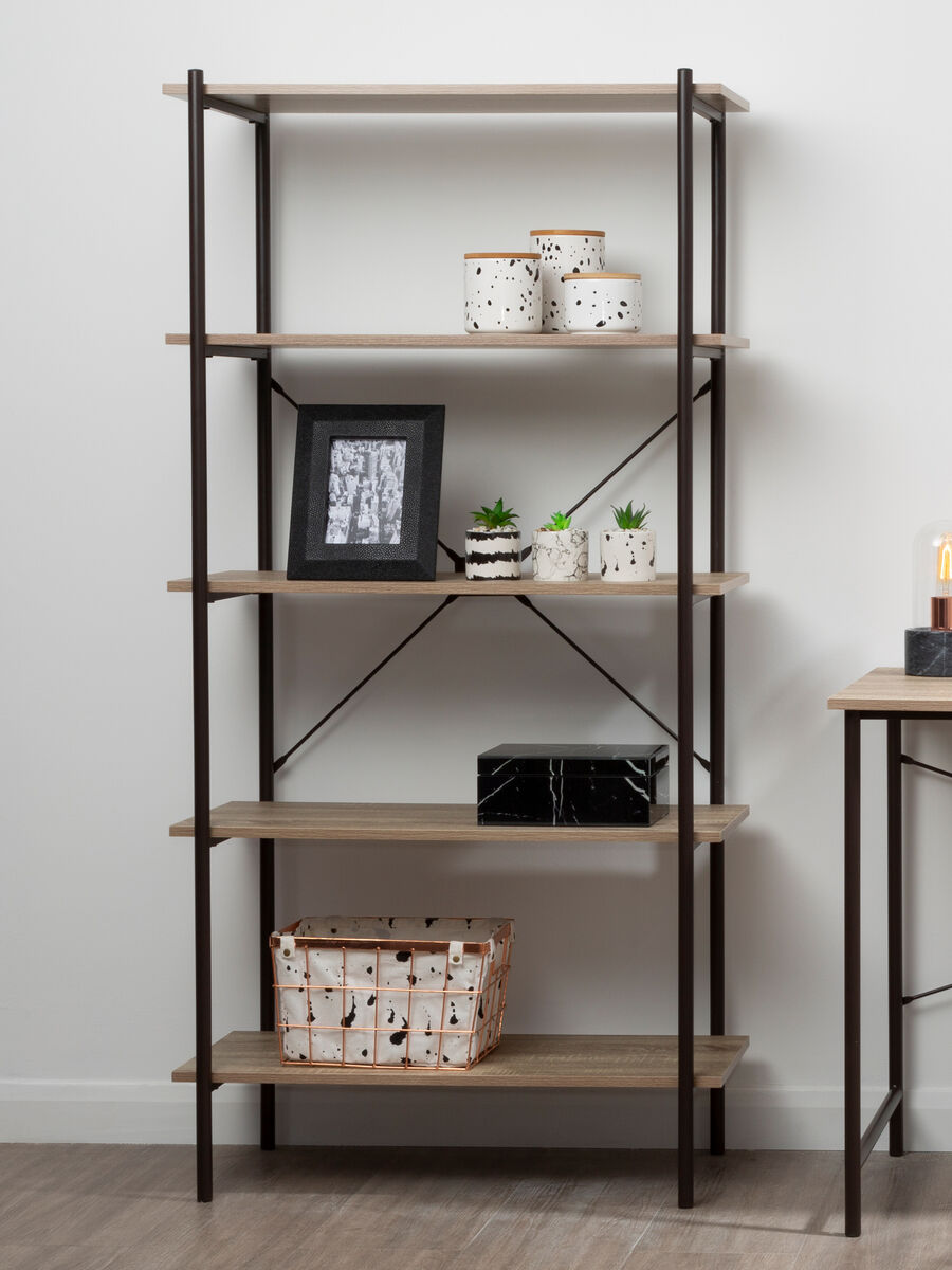 Grey Oak Veneer 5 Tier Shelf Unit with Metal Frame