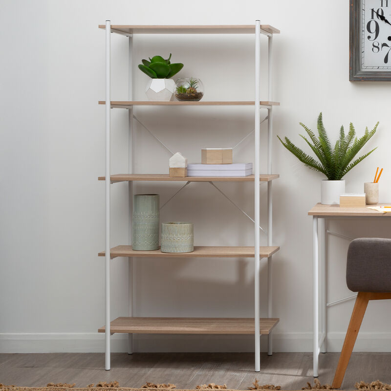 Natural Oak Veneer 5 Tier Shelf Unit with Metal Frame
