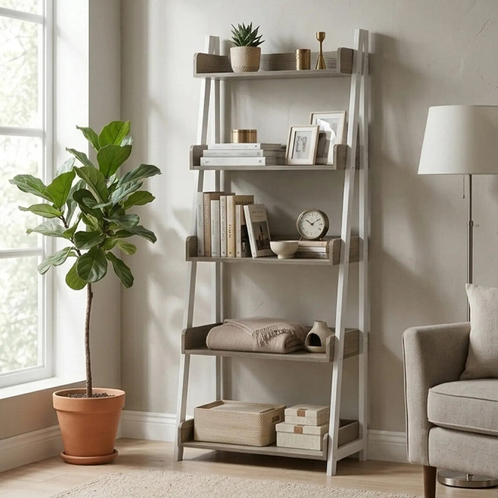 Light Oak Veneer 5 Tier Ladder Shelf Unit