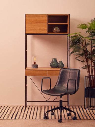 Natural Oak Veneer Desk with Dark Brown Metal Frame