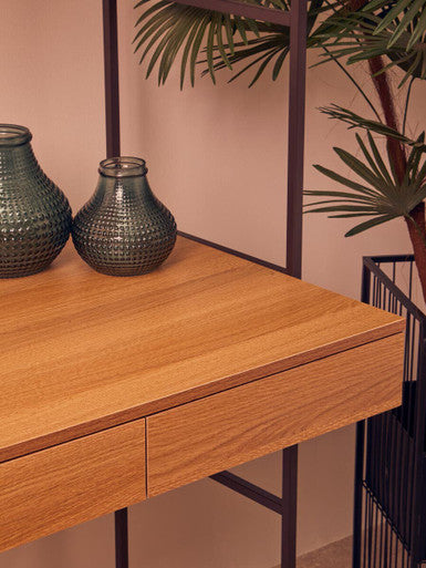 Natural Oak Veneer Desk with Dark Brown Metal Frame