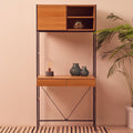 Natural Oak Veneer Desk with Dark Brown Metal Frame