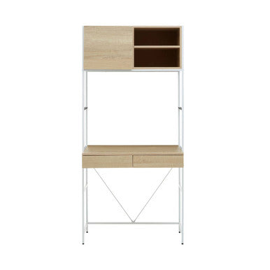 Natural Oak Veneer Desk with White Metal Frame