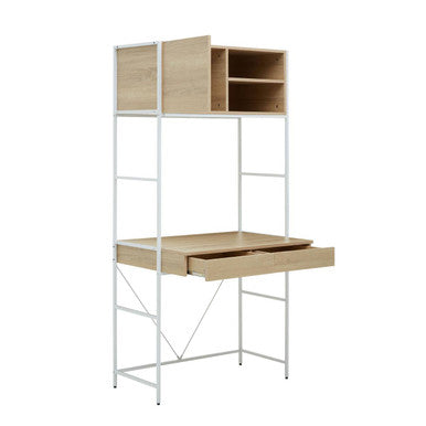 Natural Oak Veneer Desk with White Metal Frame