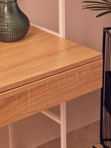 Natural Oak Veneer Desk with White Metal Frame