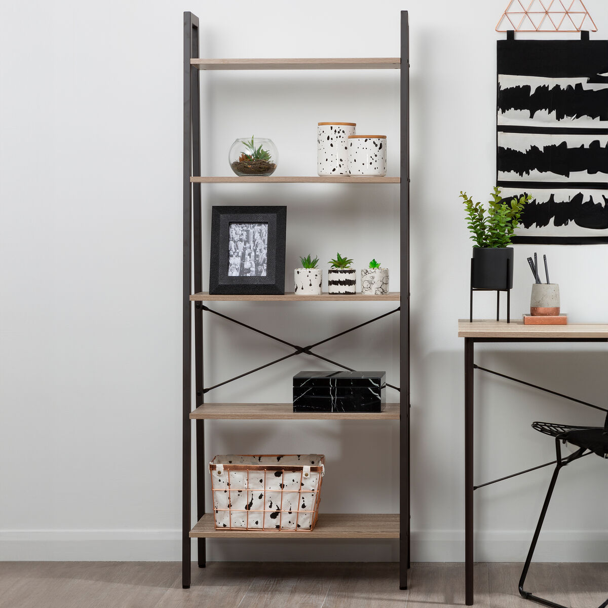 Grey Oak Veneer 5 Tier Ladder Shelf Unit
