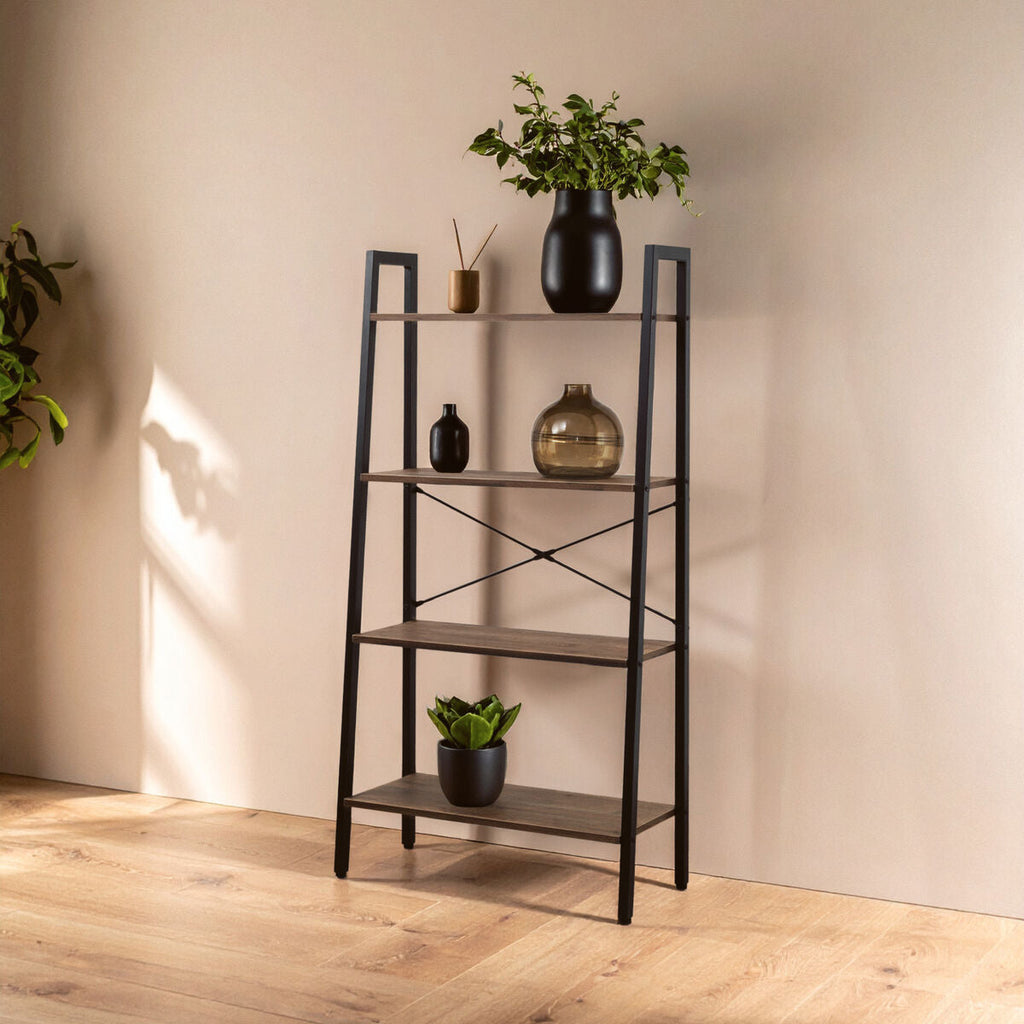 Dark Oak Veneer 4 Tier Ladder Shelf Unit