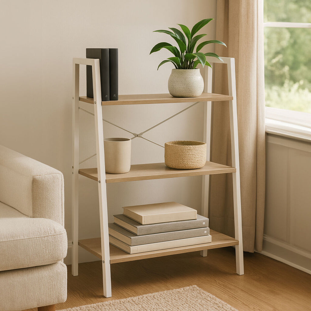 Natural Oak Veneer 3 Tier Ladder Shelf Unit