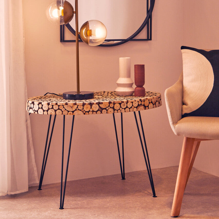 Wooden Disc Mosaic Coffee Table with Hairpin Legs