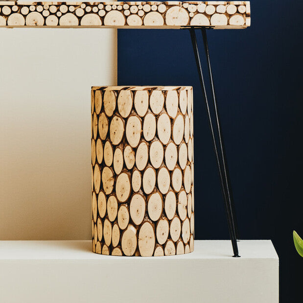 Fir Wood Mosaic Disc Side Table and Stool
